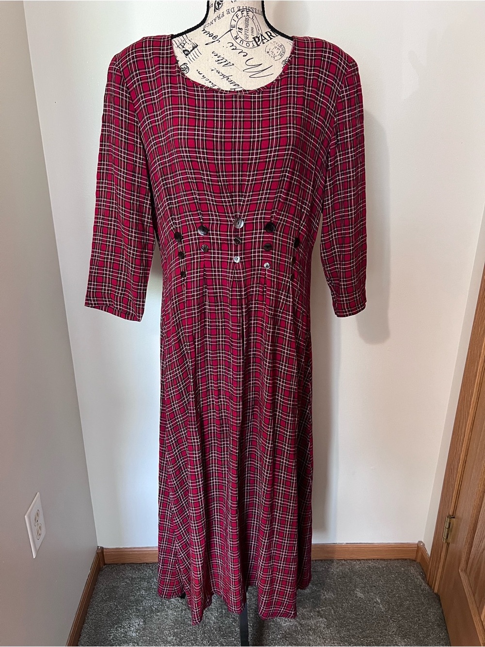 Vintage JBS Ltd Red Plaid Maxi Dress Metallic Gold Thread Goth Grunge Sz L